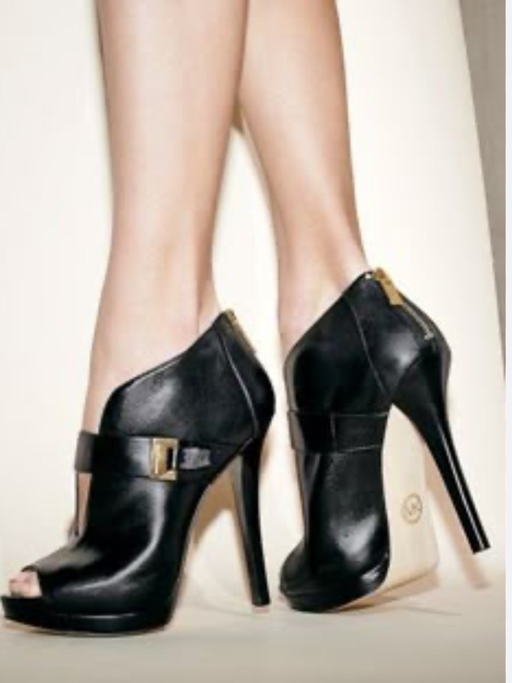 Michael Kors Black Peep-Toe Stiletto Booties with Gold Hardware